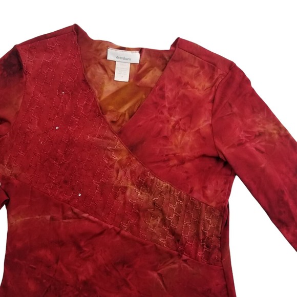 Vintage Dressbarn V Neck Top Women M Red Tie Dye 3/4 Slv Stretch Sequin 90s Y2K - Picture 3 of 14